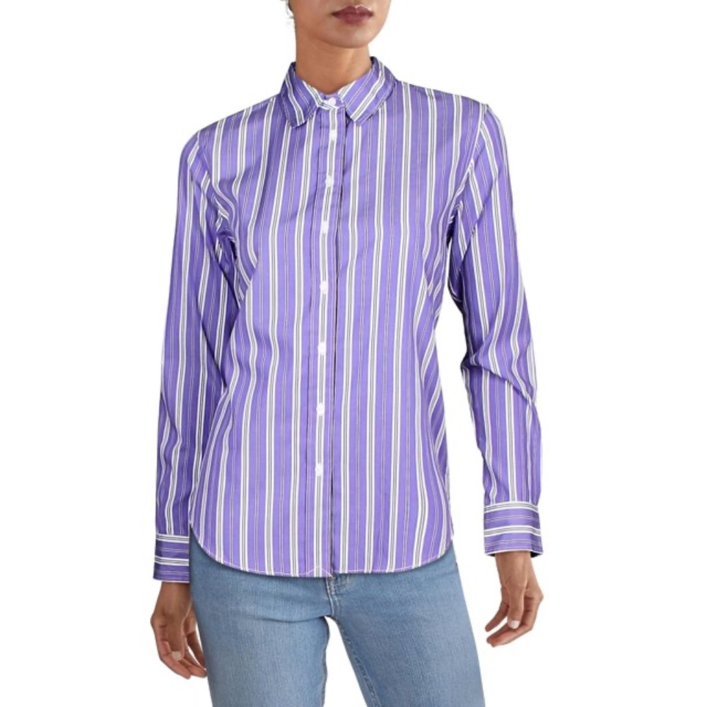 LAUREN RALPH LAUREN Womens Striped Long Sleeve Collared Casual Top Large